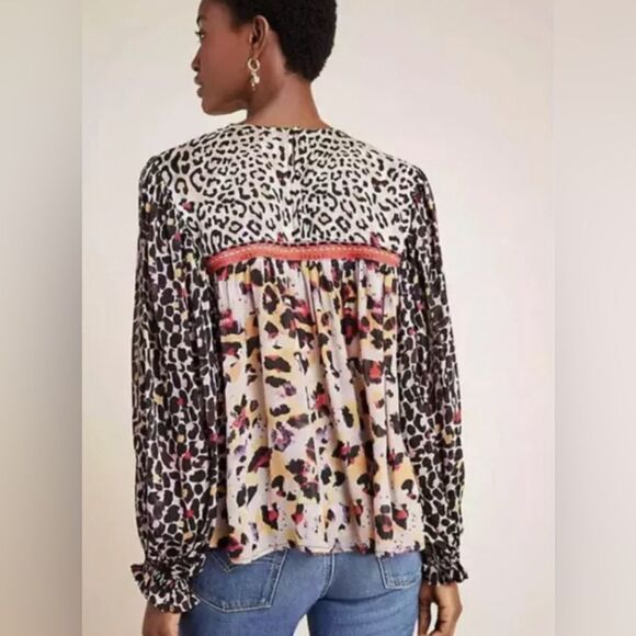 Anthropologie Bl^nk London JOELLE leopard print braid trim viscose boho top. Sm - Picture 3 of 9